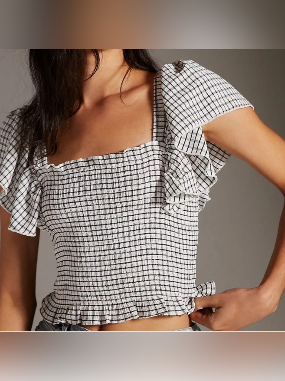 Maeve Anthropologie gingham crinkle  crop top XS black and white smocked